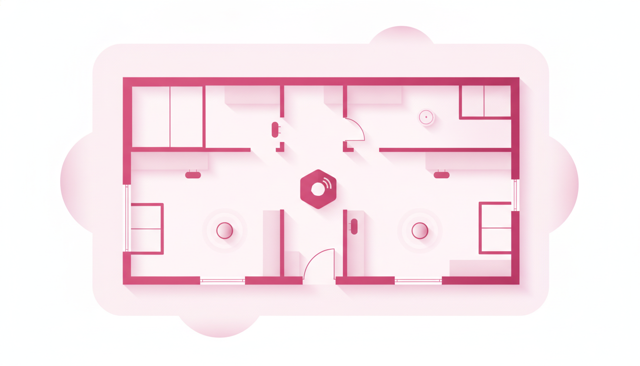 modern Scandinavian house floor plan with discreet door sensors, motion detectors, smoke detector and security hub, clean realistic illustration without text or labels