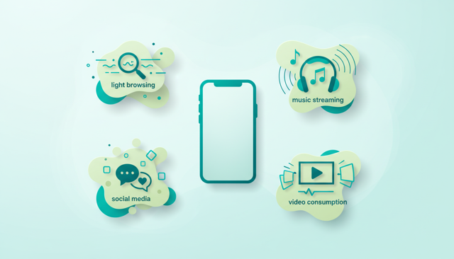 clean flat illustration of a smartphone showing different app types around it, with subtle visual cues for light browsing, music streaming, social media, and video consumption