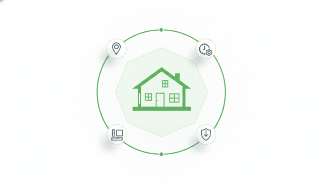 flat illustration of a detached house surrounded by four floating cost factors represented by simple icons for location, age, size, and deductible