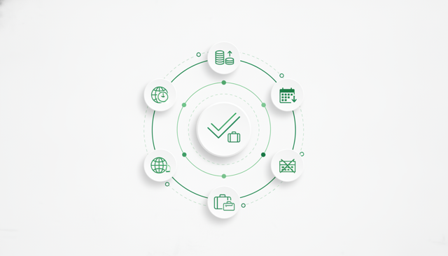 minimalist infographic showing a checklist for choosing travel insurance, with icons for destination, trip length, baggage, cancellation, and deductible, no text