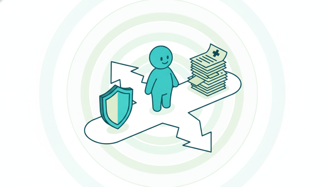clean editorial illustration of a person standing at a crossroads between a shield icon and a stack of medical bills, representing the choice of having or not having accident insurance