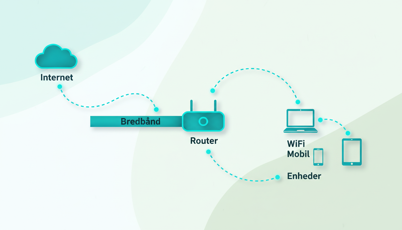 minimalist comparison illustration showing a house connection flow from internet cloud to broadband line, then to router and Wi-Fi devices. Danish labels: "Internet", "Bredbånd", "Router", "WiFi", "Mobil"