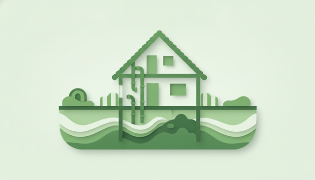 realistic cutaway illustration of a Danish detached house showing roof, foundation, pipes, garden structures, and water surrounding the property, no text or labels