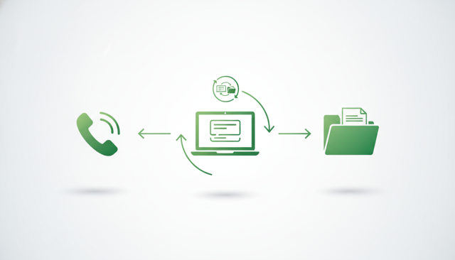 clean flat illustration of a customer service workflow with a phone icon, a laptop with a message form, and a document folder, showing different ways to contact an insurance company
