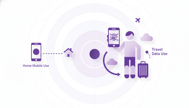 minimalist illustration of a traveler holding a smartphone with a digital SIM profile and a suitcase, showing the contrast between home mobile use and travel data use