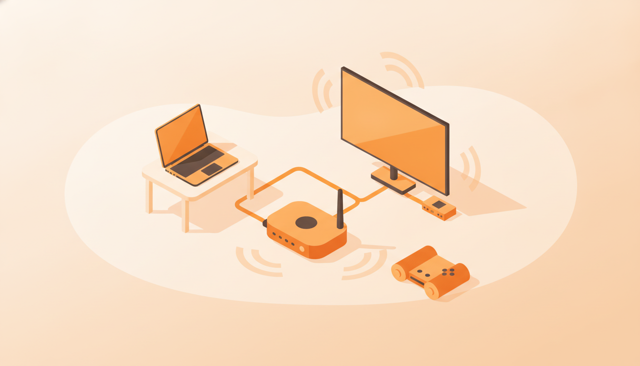 clean isometric illustration of a modern home office showing a router, laptop, gaming console, and streaming TV connected by wireless waves and an Ethernet cable