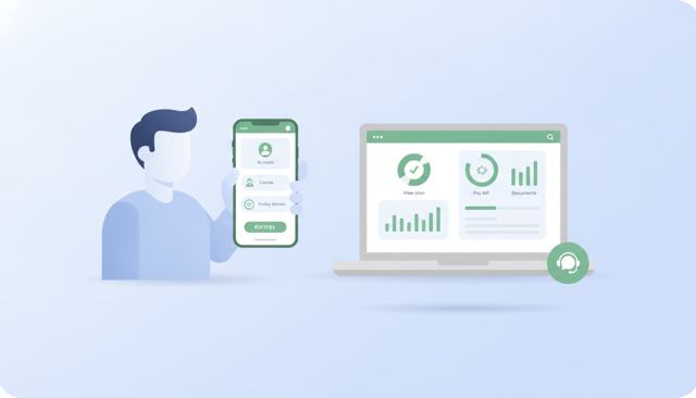 clean modern customer service scene with a person holding a phone and a laptop showing a generic insurance self-service portal, soft blue tones, no text