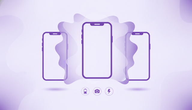 minimalist comparison illustration of three smartphones side by side, showing a balanced mid-range phone highlighted in the center with subtle icons for battery, camera, and speed