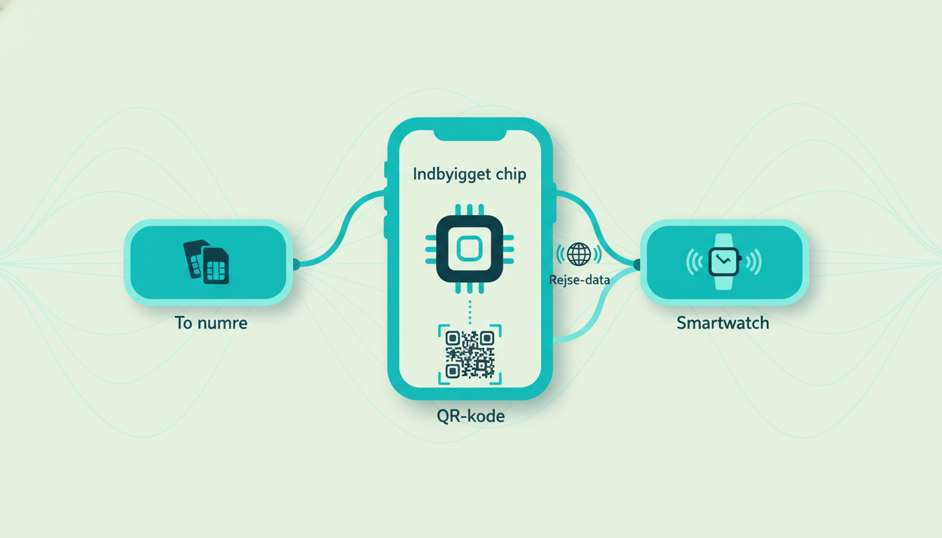 clean infographic showing a smartphone with an embedded eSIM chip, a QR code being scanned, and three connected use cases: dual SIM, travel data, smartwatch connectivity. Danish labels: "Indbygget chip", "QR-kode", "To numre", "Rejse-data", "Smartwatch"
