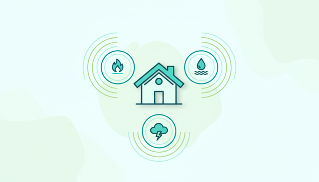 clean comparison-style illustration of a house exterior with three surrounding panels representing fire, water leak, and storm damage, designed as a simple visual explanation without text