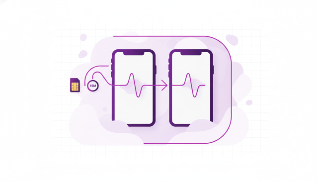 clean flat illustration showing a person moving a mobile number from one smartphone to another, with a SIM card and an eSIM icon, simple modern telecom style
