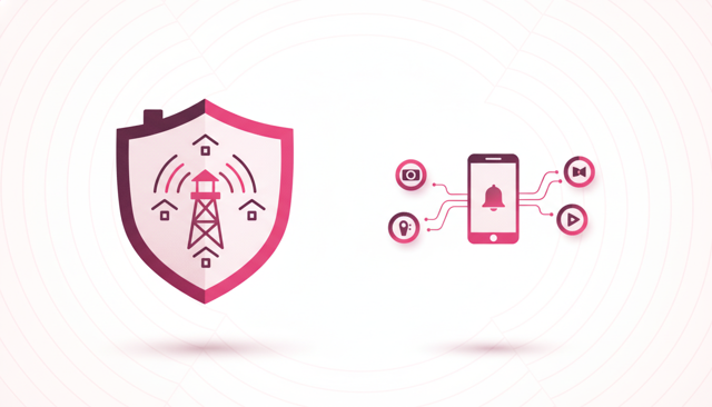 modern home security comparison showing a professionally monitored alarm system on one side and a do-it-yourself wireless alarm with smartphone notifications on the other, no text or labels