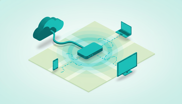 isometric illustration of a home network showing a router connected by cable to the outside internet cloud and wirelessly to a phone, laptop, and smart TV
