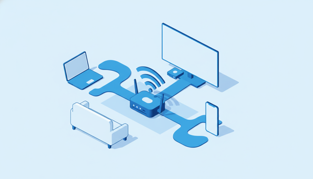 isometric illustration of a Wi-Fi router in a living room sending signal waves to a laptop, smartphone, smart TV, and game console