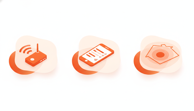 minimalist comparison illustration of a router, a smartphone Wi-Fi menu, and a house map with signal coverage zones, without text or numbers