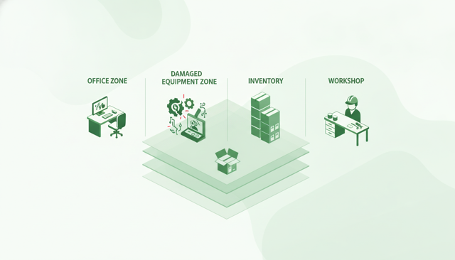 isometric illustration of a small business office and workshop split into zones, showing damaged equipment, stacked inventory, and a worker with a safety helmet, no text
