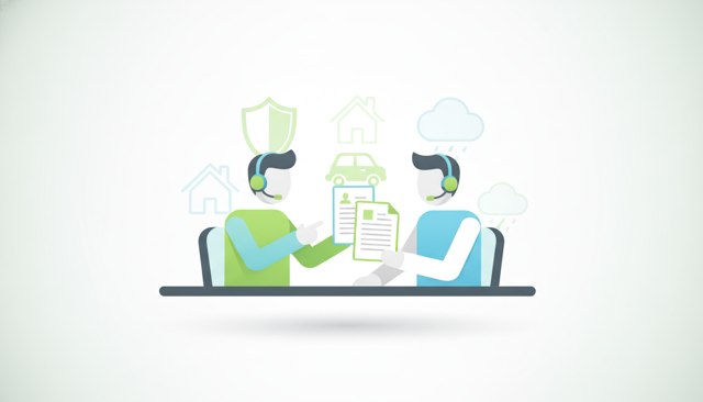 clean editorial illustration of a customer service advisor helping a policyholder with documents, with subtle insurance symbols in the background