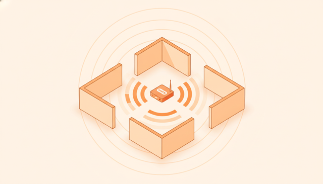 isometric illustration of a Wi-Fi router in a simple house floor plan with wireless signal waves becoming weaker through walls, no text or numbers