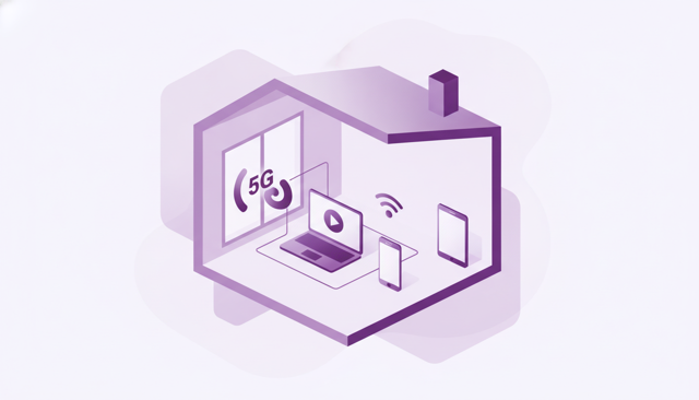 isometric illustration of a home with a 5G signal coming through a window, a laptop streaming video, a phone, and a tablet connected wirelessly
