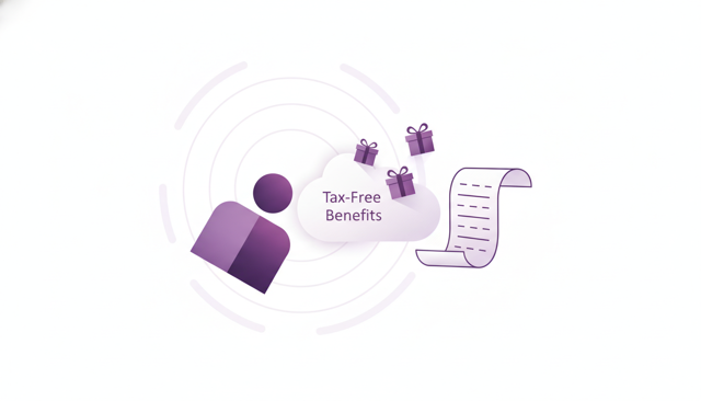 clean flat illustration of a worker receiving small gift boxes and a receipt-like sheet, showing the idea of taxable and tax-free employee benefits without any text