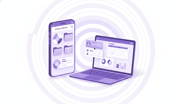clean smartphone and laptop showing a generic billing overview interface with invoice folders, payment calendar, and account dashboard, modern flat illustration