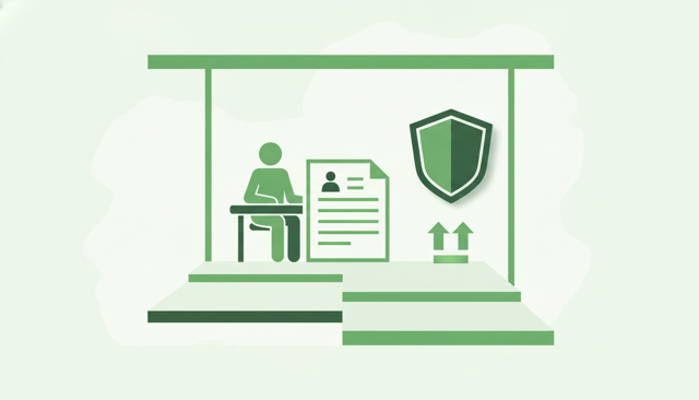 clean editorial illustration of a person reviewing an accident insurance policy beside a shield icon and a doubled compensation symbol, no text, labels, or numbers
