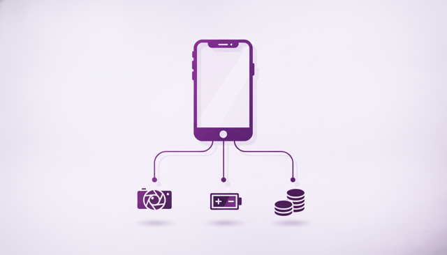 minimalist infographic showing a smartphone decision flow with three paths leading to camera, battery, and price priorities, using clean icons and no text