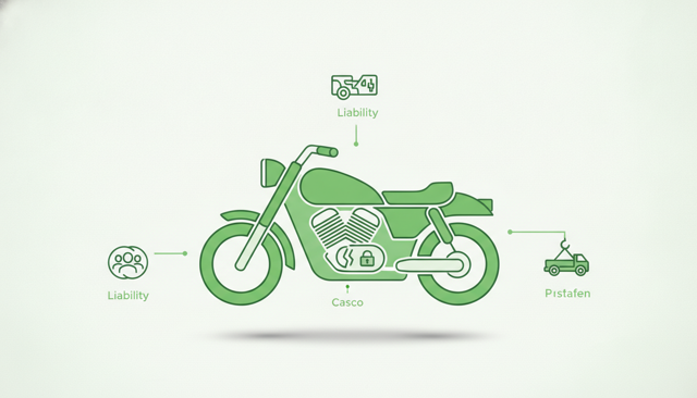 clean infographic showing a motorcycle split into three protection zones: liability, casco, and roadside assistance, with simple icons for people, bike damage, theft, and towing