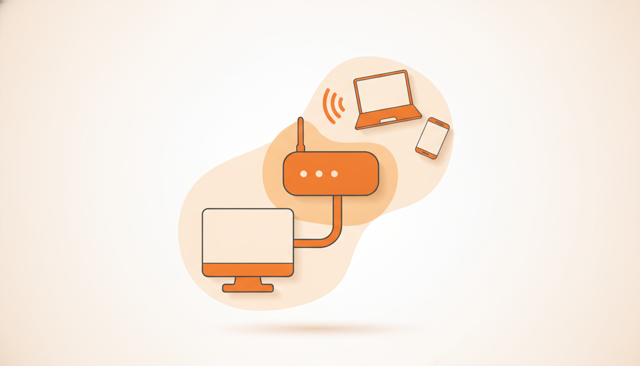 minimalist illustration showing a home router connected by a cable to a desktop computer, with wireless waves going to a laptop and phone in the background