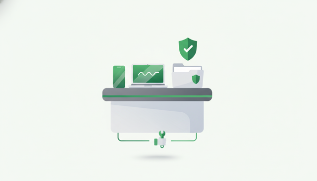 clean flat illustration of a customer service desk with a phone, laptop, document folder, and a shield icon, showing insurance support and claims handling