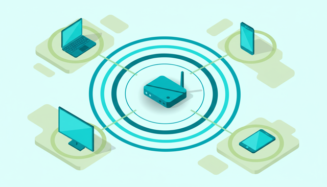 isometric illustration of a Wi-Fi router in the center of a home, with signal waves reaching a laptop, smartphone, smart TV, and tablet