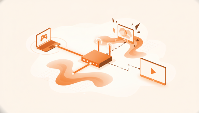 minimalist illustration showing a gamer laptop, a video call screen, and a streaming TV connected to a router, with a simple visual contrast between low latency and high latency