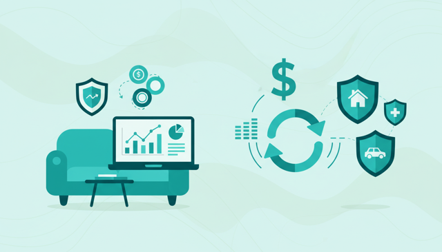 minimalist flat illustration of a household budget scene with a sofa, laptop, and insurance shield, showing the idea of comparing insurance cost factors