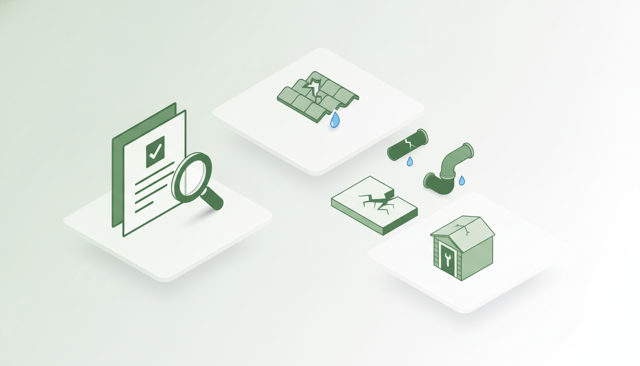 minimalist insurance document and magnifying glass beside a damaged roof tile, leaking pipe, cracked foundation, and garden shed, no text or labels