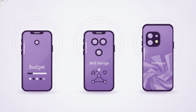 clean comparison illustration of three smartphones side by side, each representing budget, mid-range, and premium value with simple modern styling