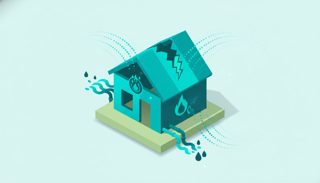 isometric illustration of a detached house with highlighted roof, walls, pipes, and foundation, showing damage symbols for storm, fire, and water without any text