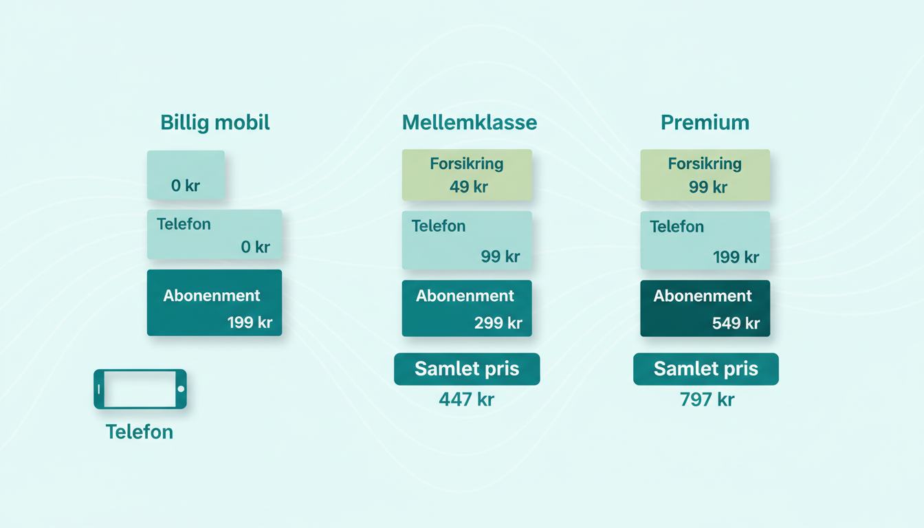 clean comparison illustration of three monthly mobile cost levels with stacked price blocks and a smartphone icon. Danish labels: "Billig mobil", "Mellemklasse", "Premium", "Telefon", "Abonnement", "Forsikring", "Samlet pris"