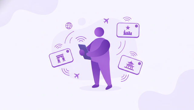 flat illustration of a traveler holding a smartphone with three floating destination cards representing Europe, the United States, and Asia, each linked to mobile signal waves