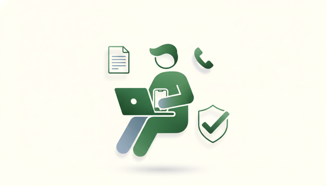 clean modern customer service scene with a person using a laptop and phone, surrounded by insurance-related support icons like document, phone, shield, and checkmark, no text