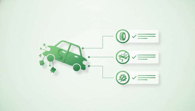 realistic illustration of a damaged car beside a checklist showing excluded causes like wear, unsafe driving, and missing maintenance, with no text