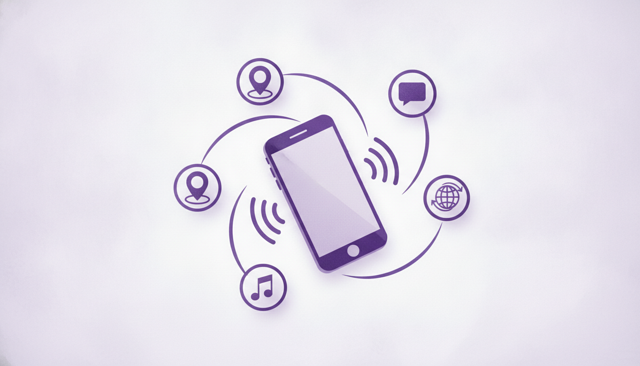 realistic smartphone showing mobile data connectivity with cellular signal waves connecting to icons for maps messaging music and web browsing, clean modern illustration, no text or labels