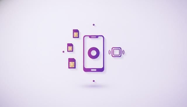 clean flat lay illustration of a smartphone beside three different SIM card sizes and an embedded eSIM concept, with no text or labels