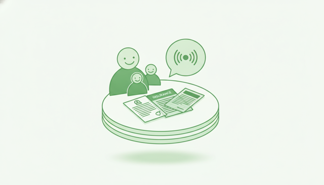 clean editorial illustration of a happy family comparing insurance documents at a table, with friendly customer service represented by a speech bubble icon, no text, labels, or numbers