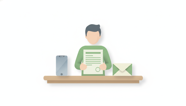 minimalist illustration of a person reviewing an insurance cancellation document beside a phone and envelope, with a clean desk and calm neutral colors