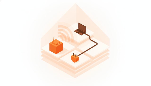 isometric illustration of a home with a router in one room, signal waves fading through walls, and one laptop connected by cable showing a stable connection