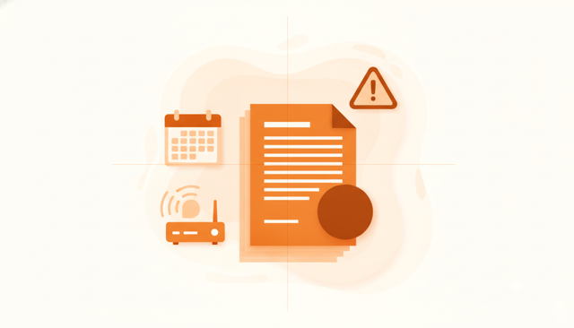 clean editorial illustration of a person reviewing a contract at a desk with a router, a calendar, and a warning icon, showing the idea of checking a binding period