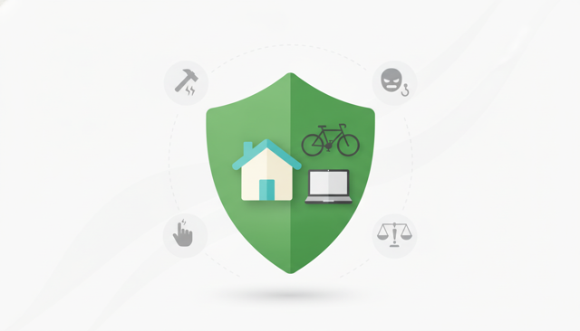 clean flat illustration showing a shield protecting a house, a bicycle, and a laptop, with subtle icons for damage, theft, and liability around it