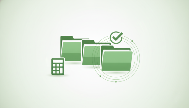clean editorial illustration of three insurance policy folders on a desk, with one folder highlighted by a subtle checkmark symbol and a calculator beside them
