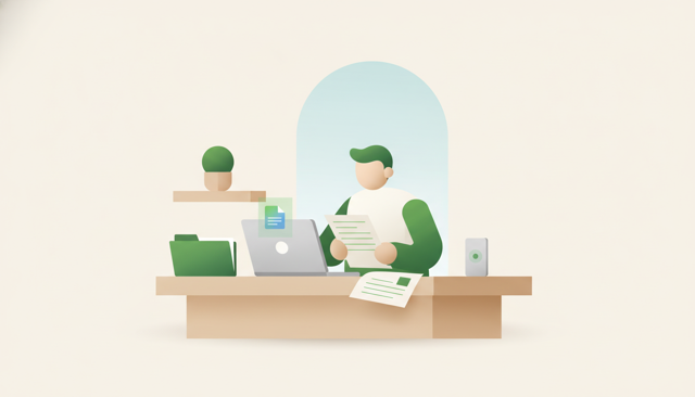 clean editorial illustration of a person reviewing insurance documents at a desk with a laptop, a folder, and a phone, showing a calm home-office setting without any text or numbers