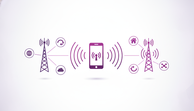 minimalist comparison illustration showing a traveler phone connecting to a foreign mobile tower versus a domestic tower, no text, no labels